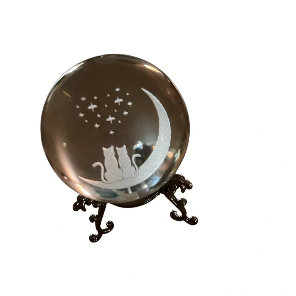 Crystal Ball With Two Cats On Moon Heart Stars With Stand